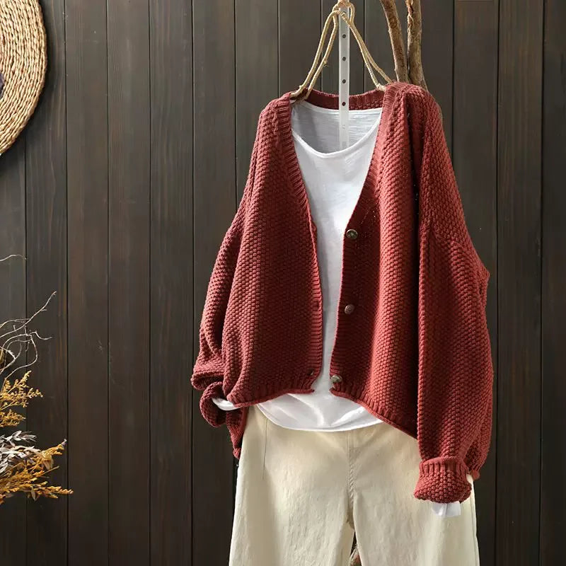 Textured Knit V-Neck Cardigan with High-Low Hem - Red