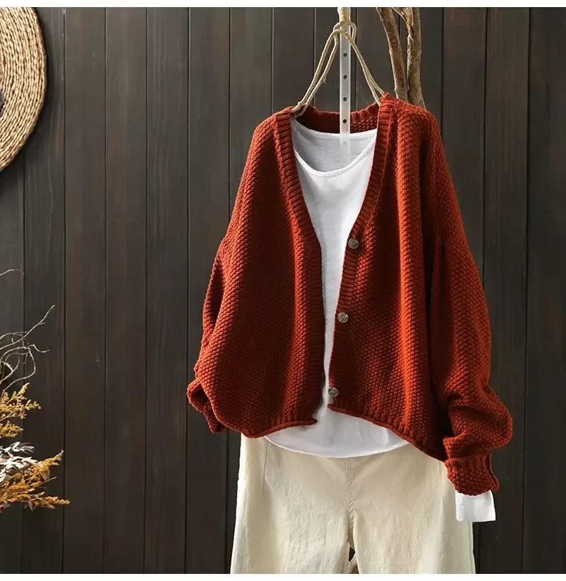 Textured Knit V-Neck Cardigan with High-Low Hem - Caramel