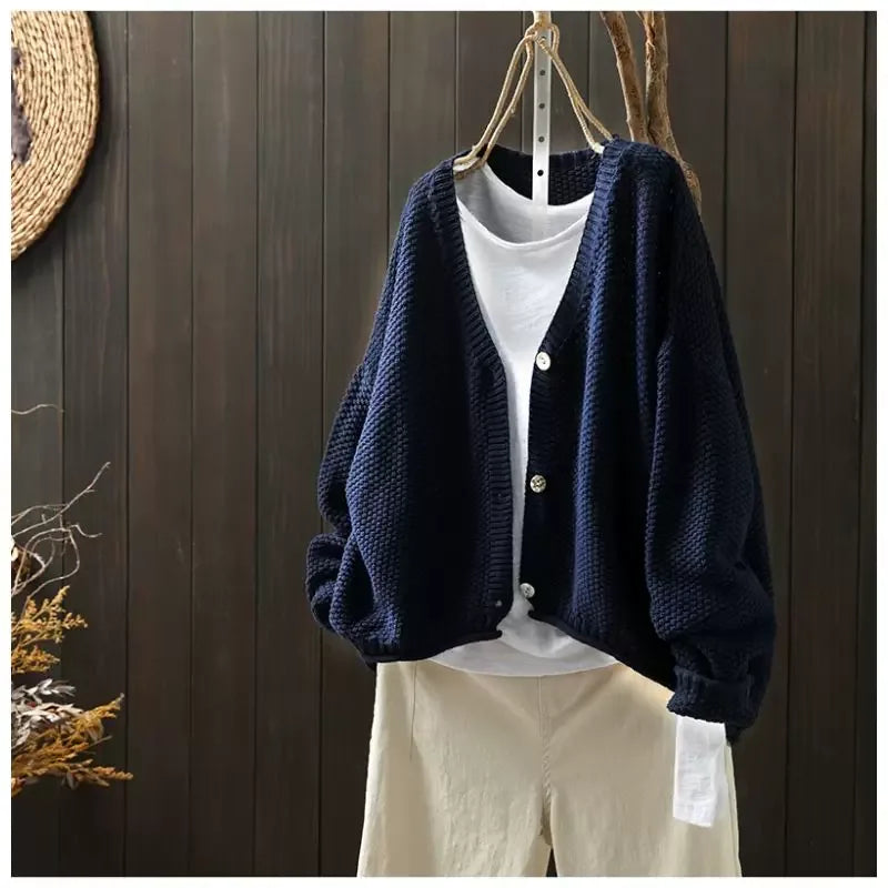 Textured Knit V-Neck Cardigan with High-Low Hem - Blue