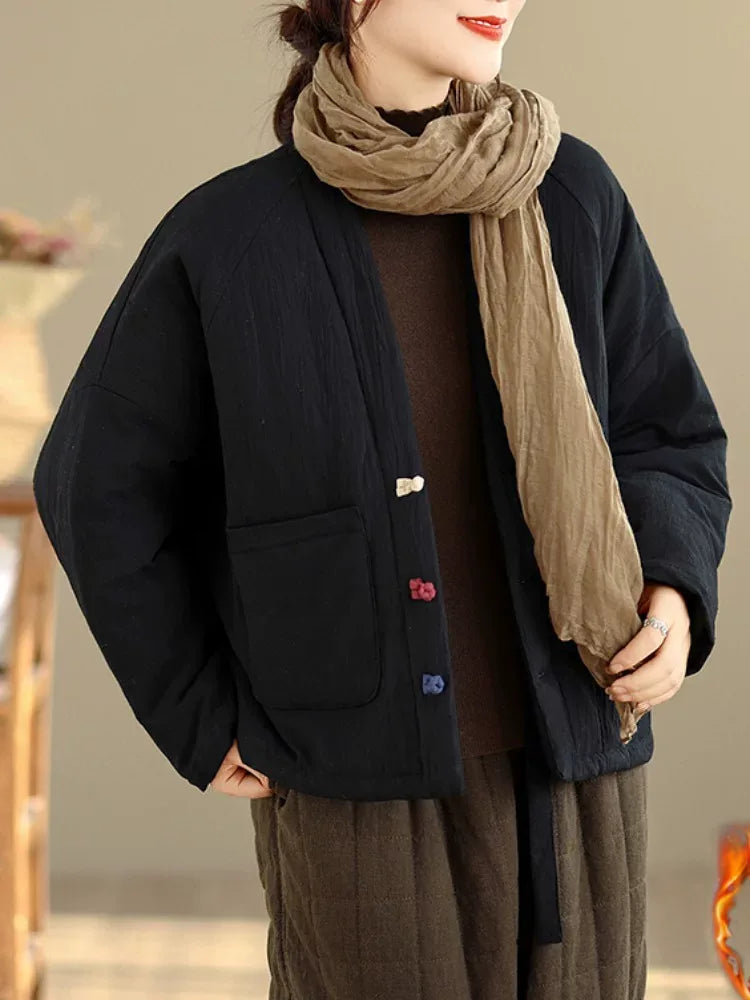Textured Padded Jacket with Lapel Trim and Patch Pockets