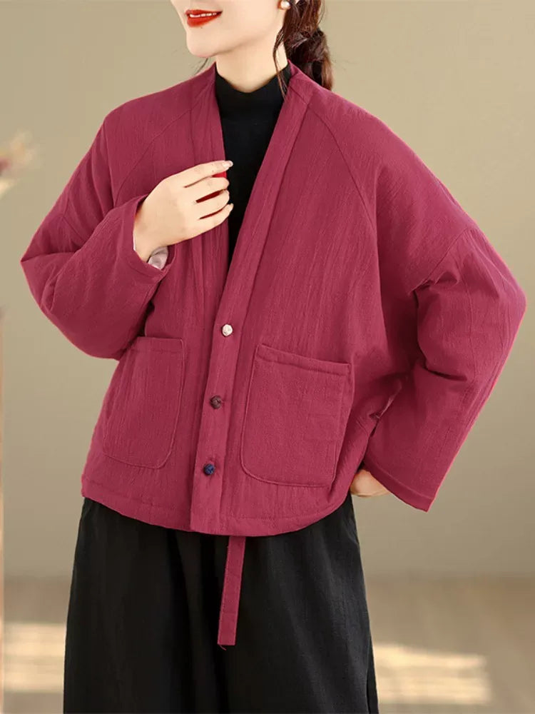 Textured Padded Jacket with Lapel Trim and Patch Pockets