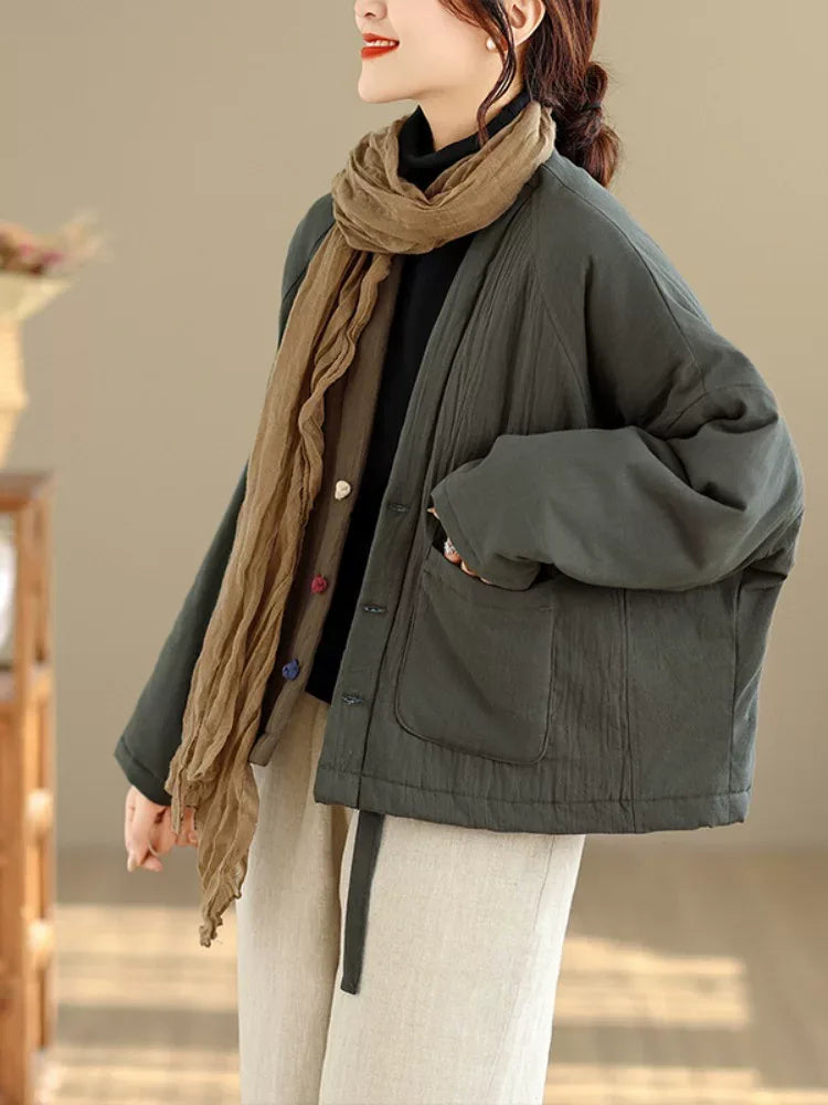 Textured Padded Jacket with Lapel Trim and Patch Pockets