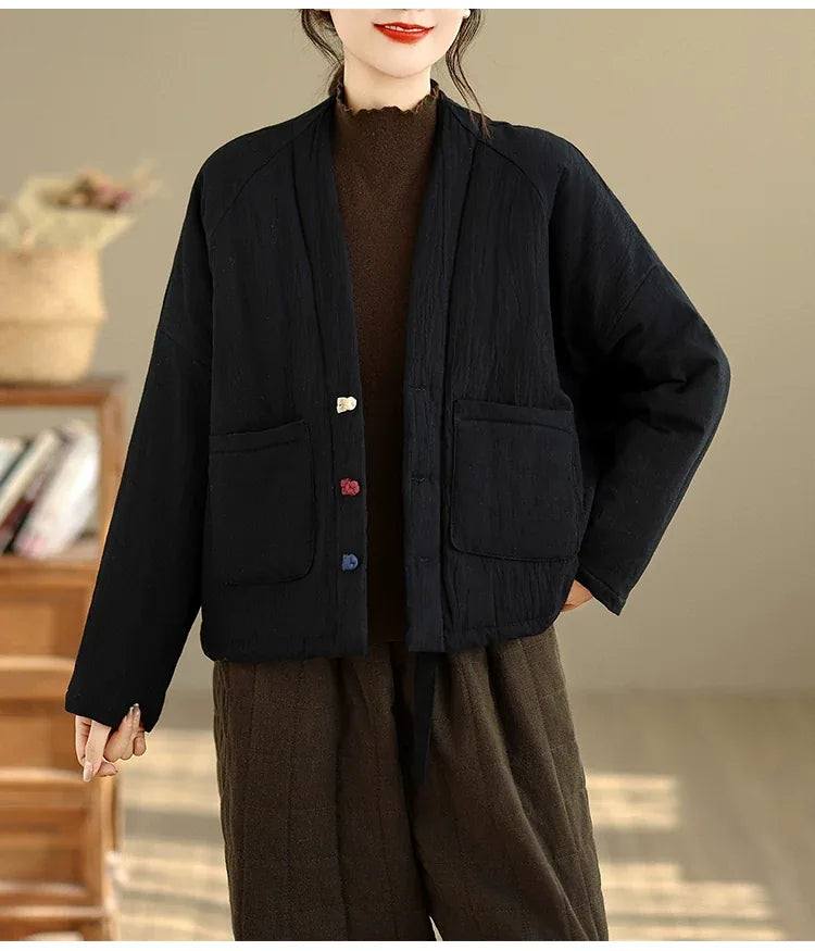 Textured Padded Jacket with Lapel Trim and Patch Pockets