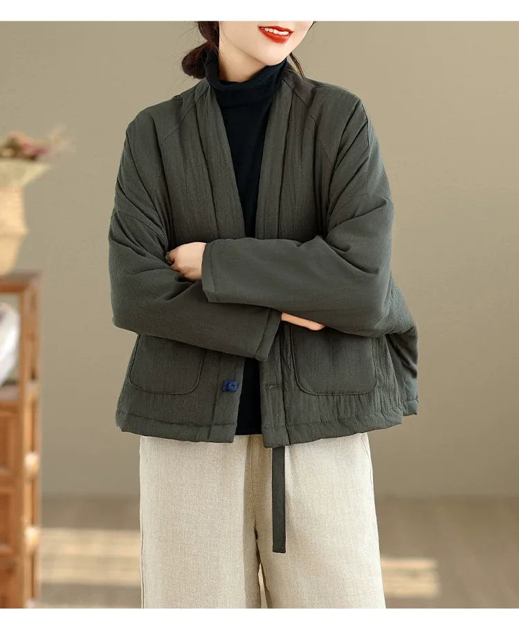 Textured Padded Jacket with Lapel Trim and Patch Pockets