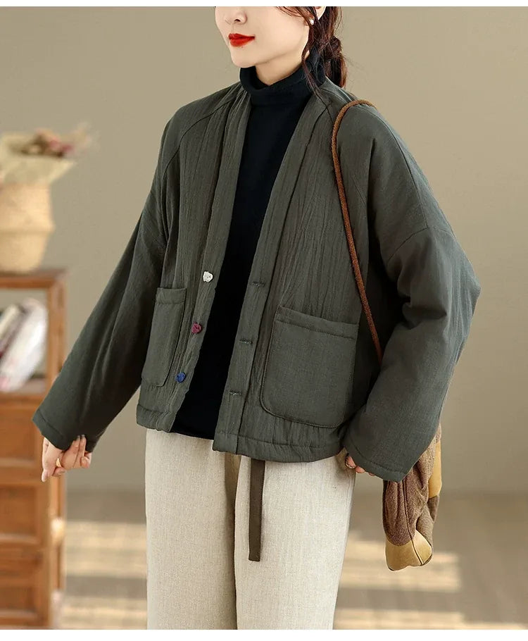 Textured Padded Jacket with Lapel Trim and Patch Pockets