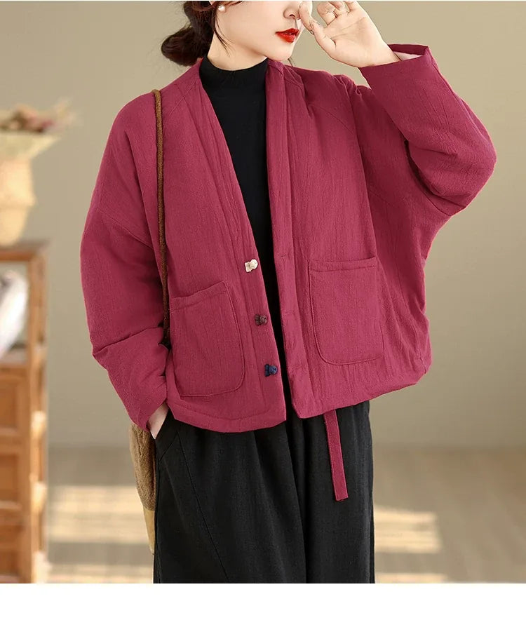 Textured Padded Jacket with Lapel Trim and Patch Pockets