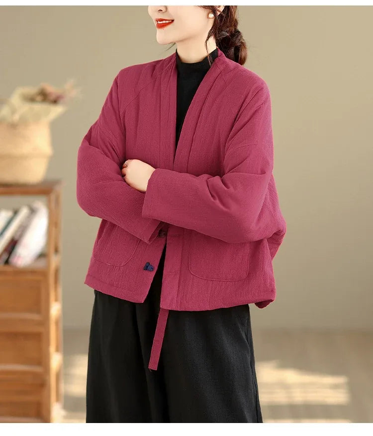 Textured Padded Jacket with Lapel Trim and Patch Pockets