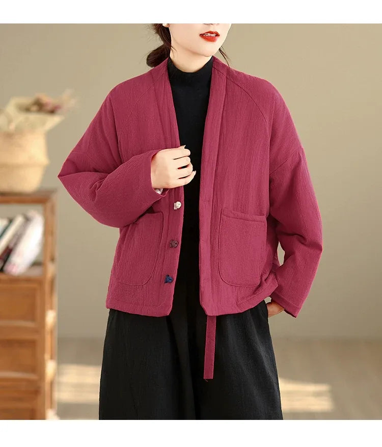 Textured Padded Jacket with Lapel Trim and Patch Pockets