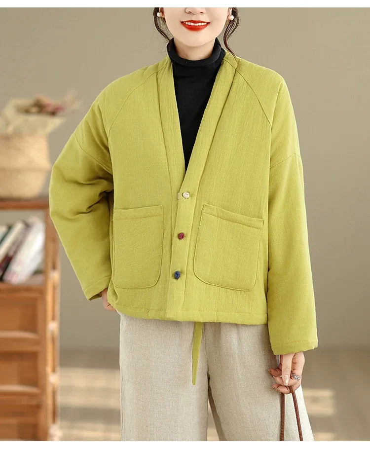 Textured Padded Jacket with Lapel Trim and Patch Pockets