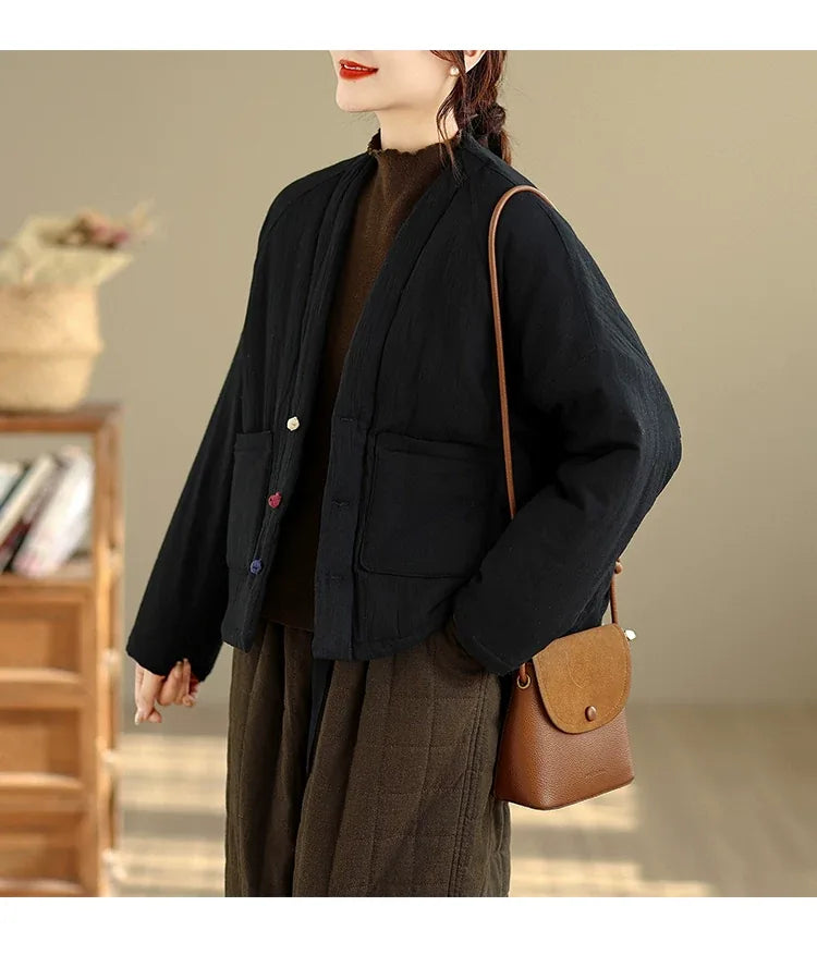 Textured Padded Jacket with Lapel Trim and Patch Pockets