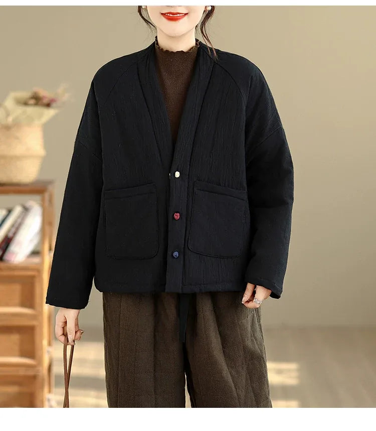Textured Padded Jacket with Lapel Trim and Patch Pockets