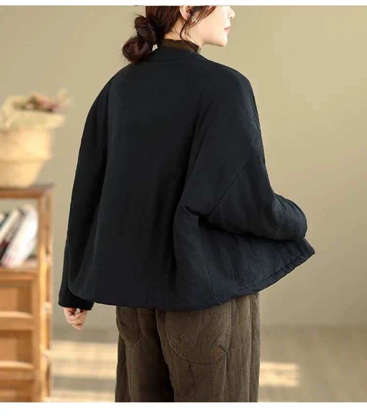Textured Padded Jacket with Lapel Trim and Patch Pockets