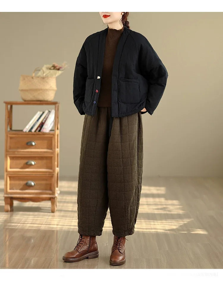 Textured Padded Jacket with Lapel Trim and Patch Pockets