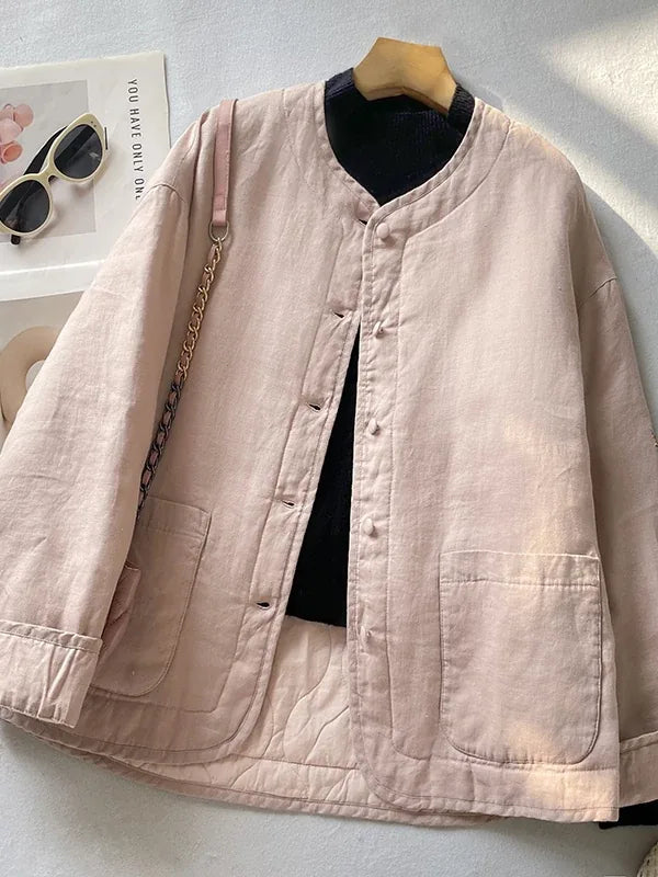 Textured Padded Jacket with Patch Pockets and Covered Buttons