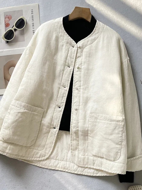 Textured Padded Jacket with Patch Pockets and Covered Buttons