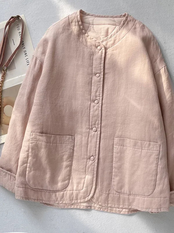 Textured Padded Jacket with Patch Pockets and Covered Buttons