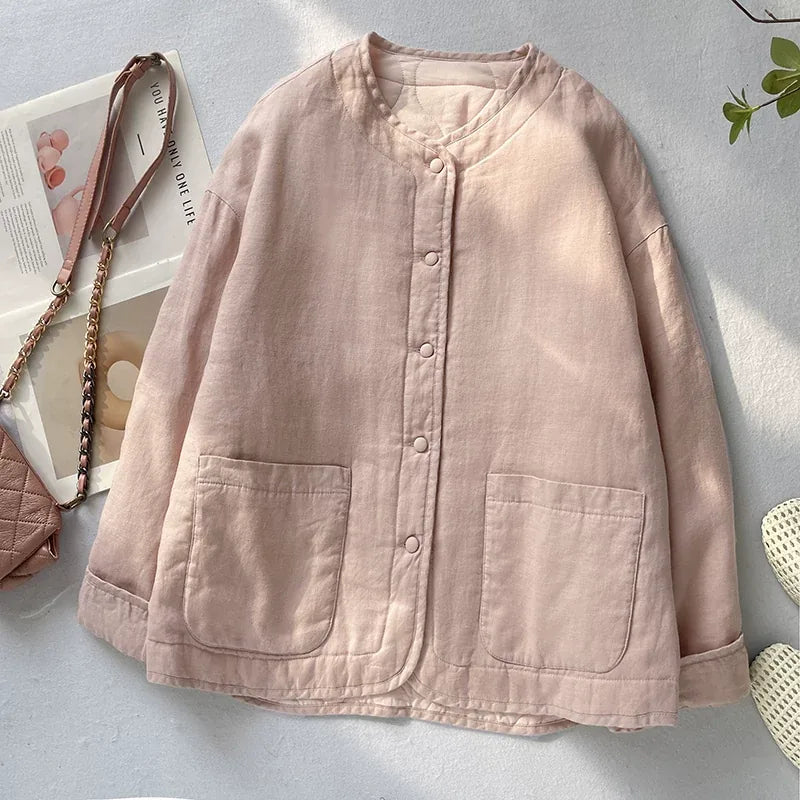 Textured Padded Jacket with Patch Pockets and Covered Buttons