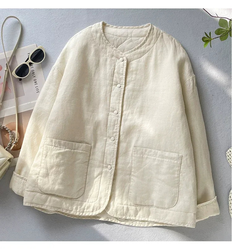 Textured Padded Jacket with Patch Pockets and Covered Buttons