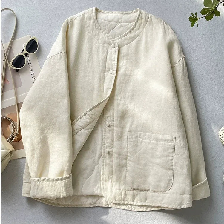 Textured Padded Jacket with Patch Pockets and Covered Buttons