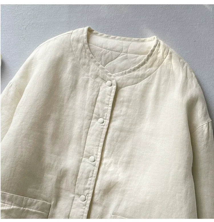 Textured Padded Jacket with Patch Pockets and Covered Buttons