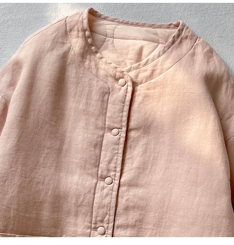 Textured Padded Jacket with Patch Pockets and Covered Buttons