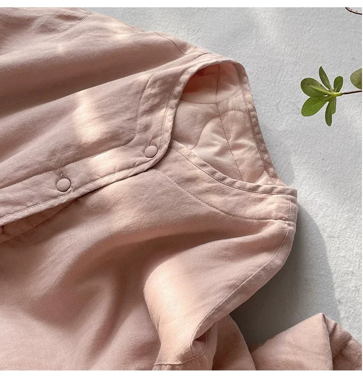 Textured Padded Jacket with Patch Pockets and Covered Buttons