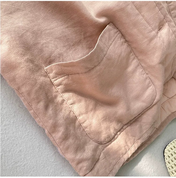 Textured Padded Jacket with Patch Pockets and Covered Buttons