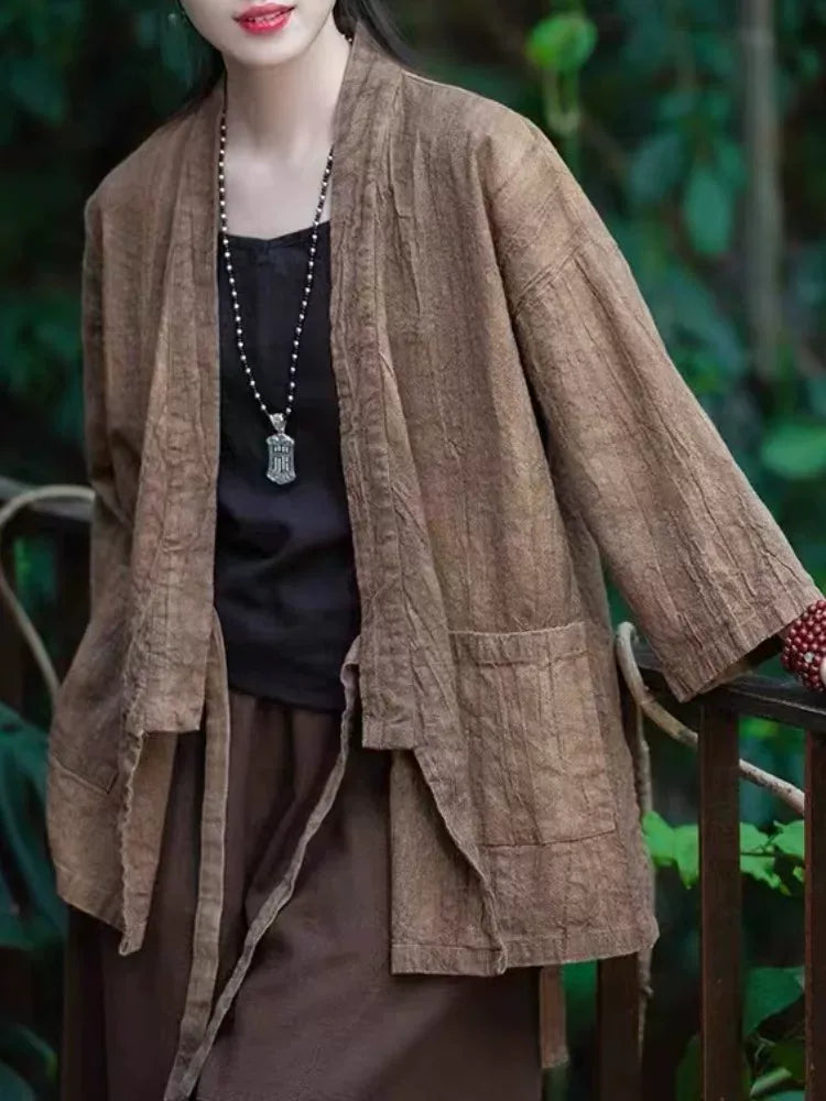 Textured Tie Waist Three Quarter Sleeve Cardigan