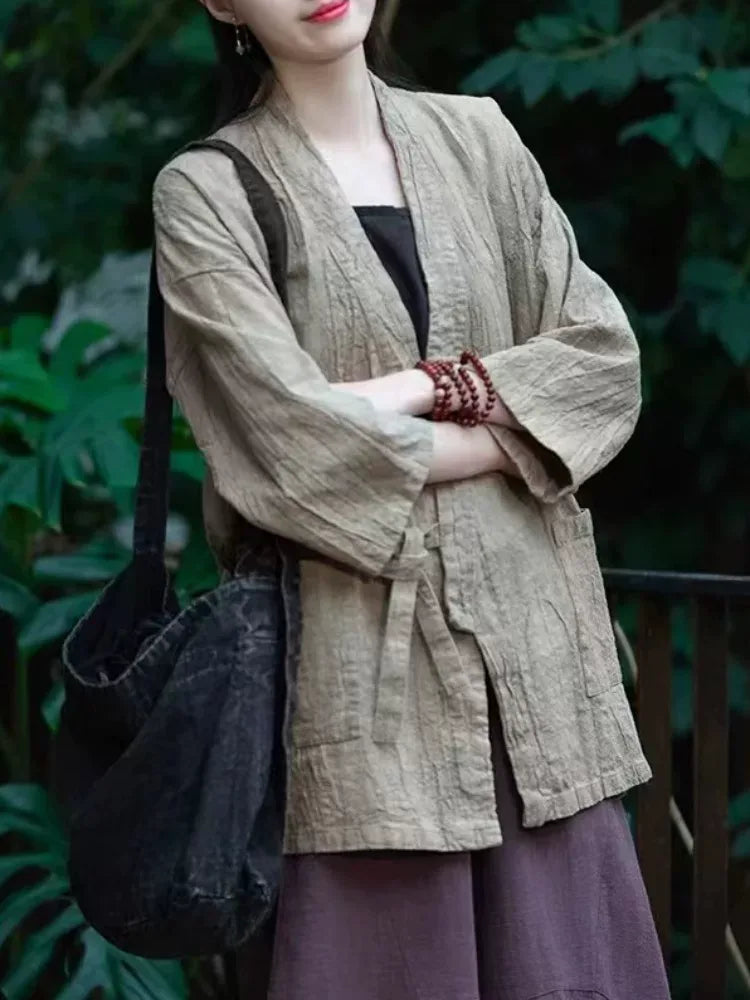 Textured Tie Waist Three Quarter Sleeve Cardigan