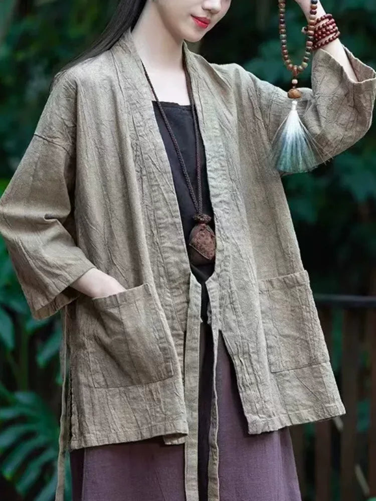 Textured Tie Waist Three Quarter Sleeve Cardigan