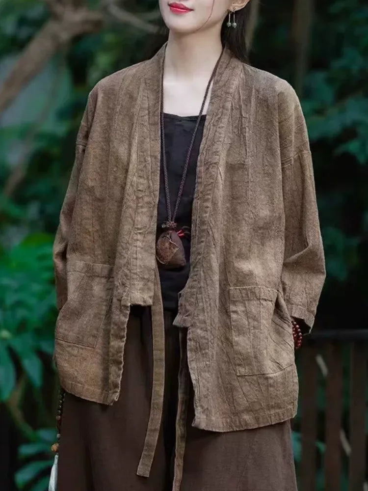 Textured Tie Waist Three Quarter Sleeve Cardigan