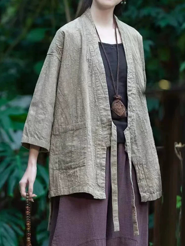 Textured Tie Waist Three Quarter Sleeve Cardigan