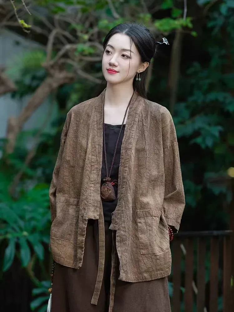 Textured Tie Waist Three Quarter Sleeve Cardigan