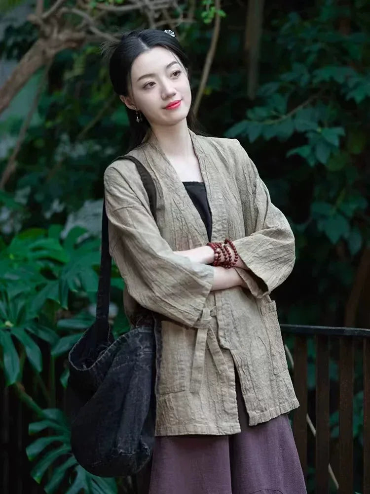 Textured Tie Waist Three Quarter Sleeve Cardigan