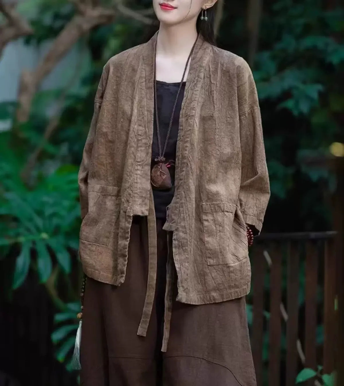 Textured Tie Waist Three Quarter Sleeve Cardigan