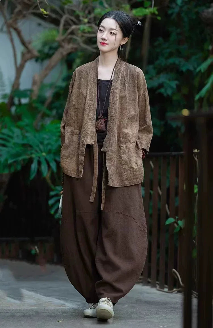 Textured Tie Waist Three Quarter Sleeve Cardigan