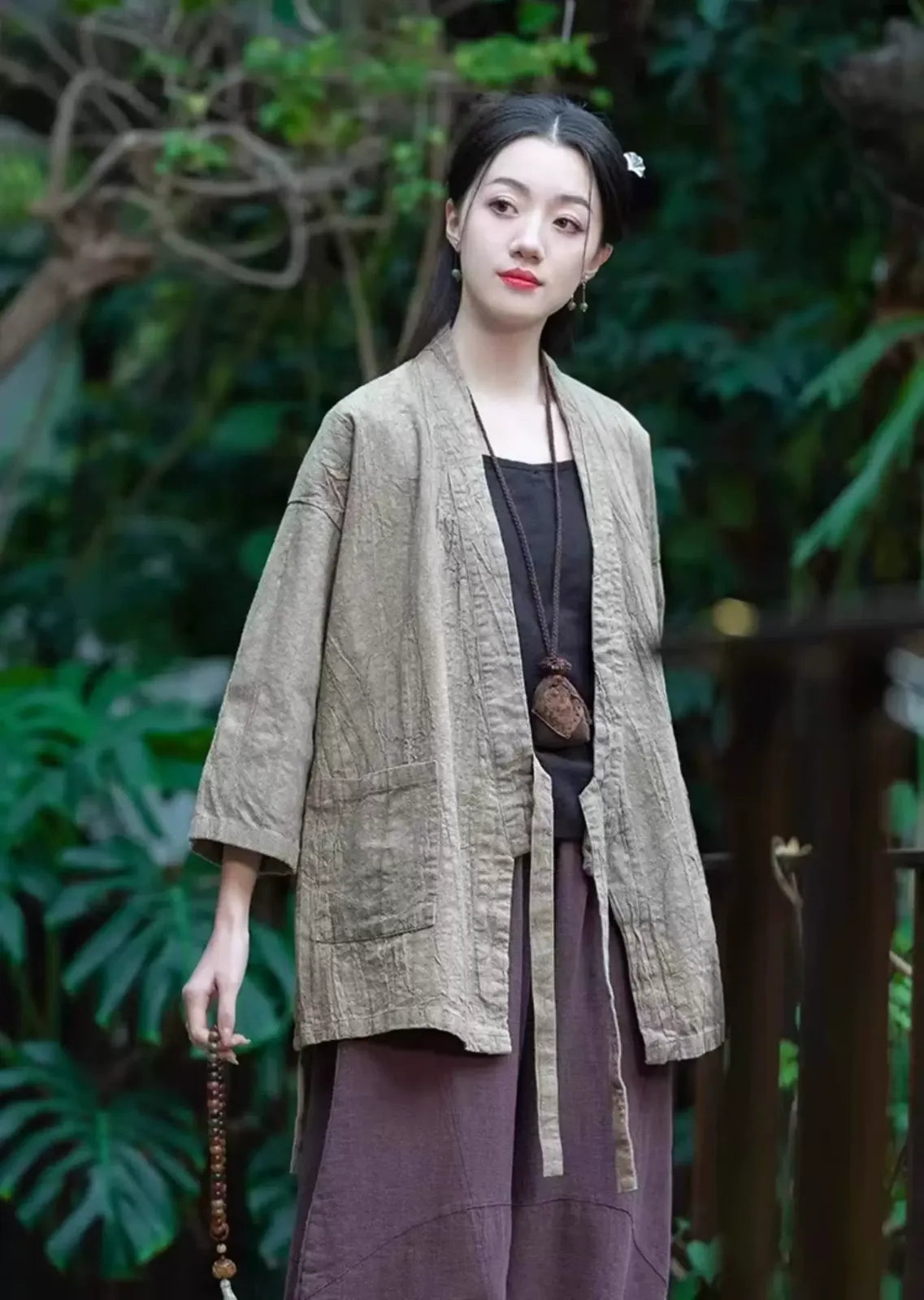 Textured Tie Waist Three Quarter Sleeve Cardigan
