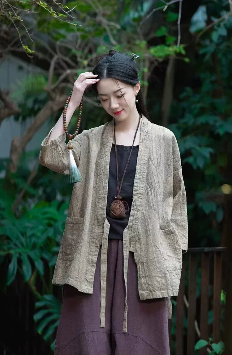 Textured Tie Waist Three Quarter Sleeve Cardigan