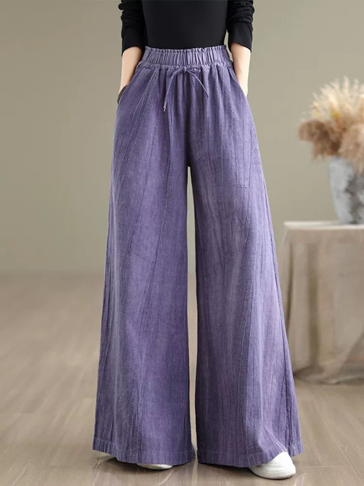 Textured Wide Leg Pants Elastic Waist Drawstring