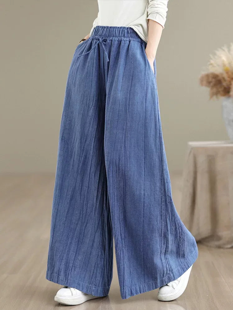 Textured Wide Leg Pants Elastic Waist Drawstring