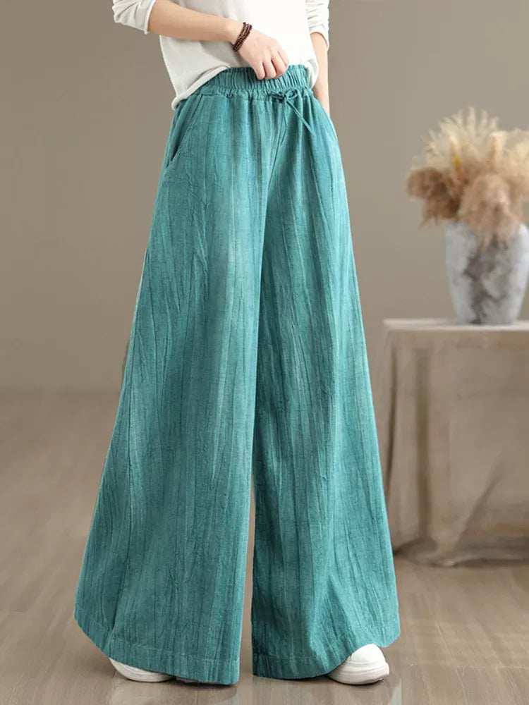 Textured Wide Leg Pants Elastic Waist Drawstring