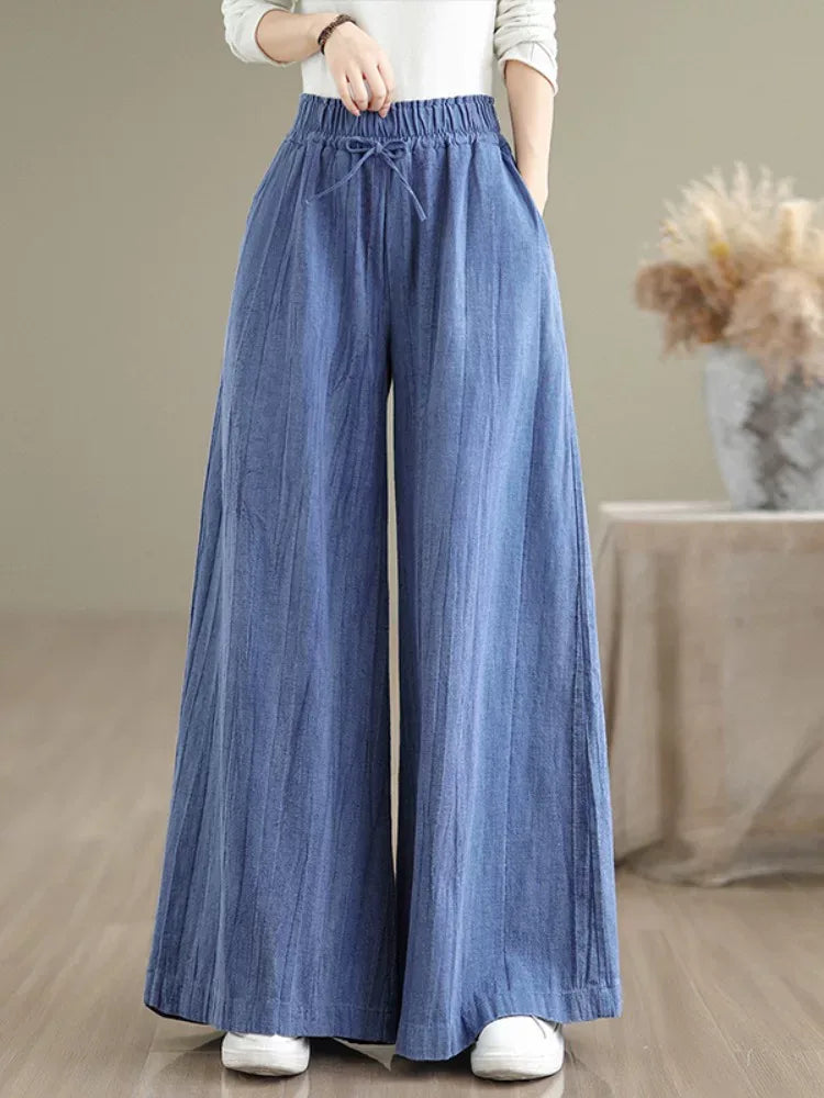 Textured Wide Leg Pants Elastic Waist Drawstring