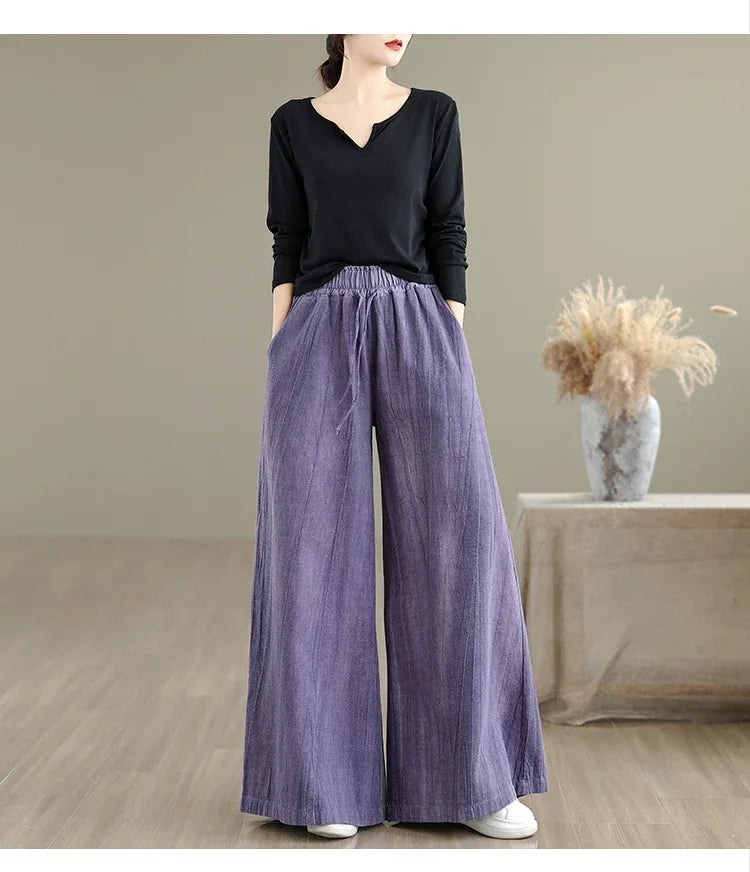 Textured Wide Leg Pants Elastic Waist Drawstring