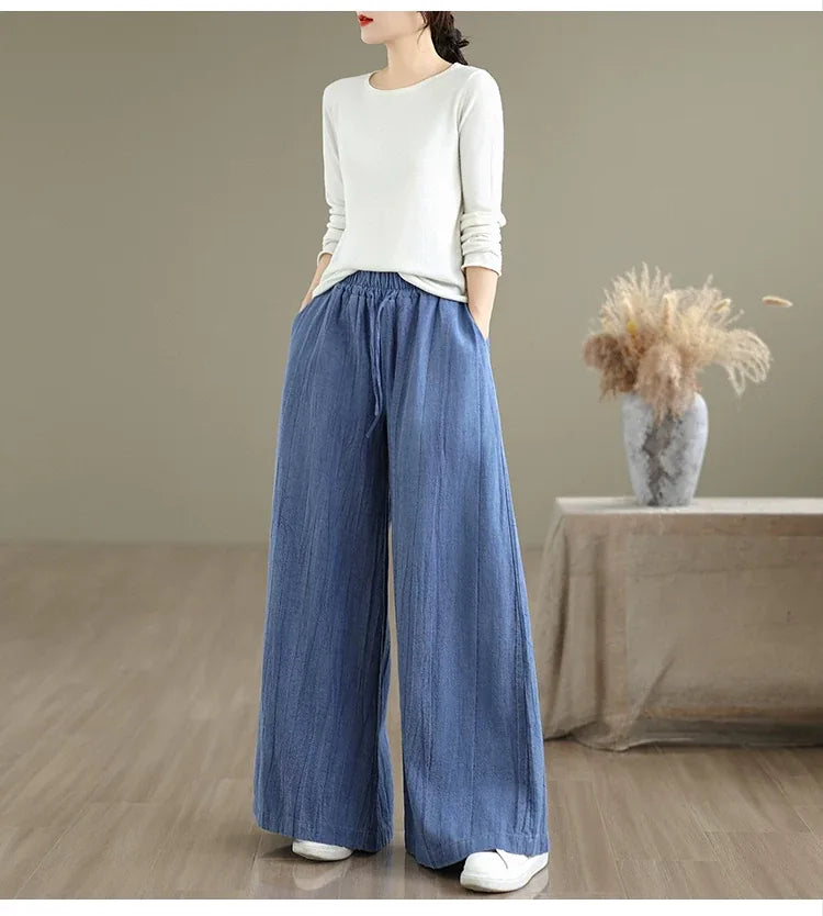 Textured Wide Leg Pants Elastic Waist Drawstring