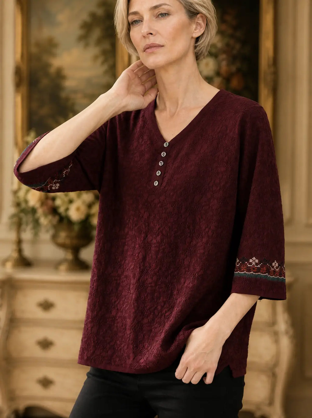 Textured Woven Blouse with Embroidered Cuffs - detail view