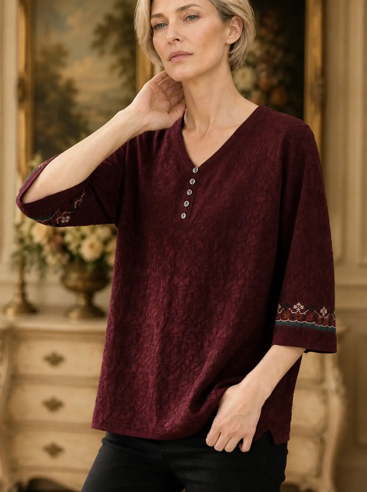 Textured Woven Blouse with Embroidered Cuffs - detail view
