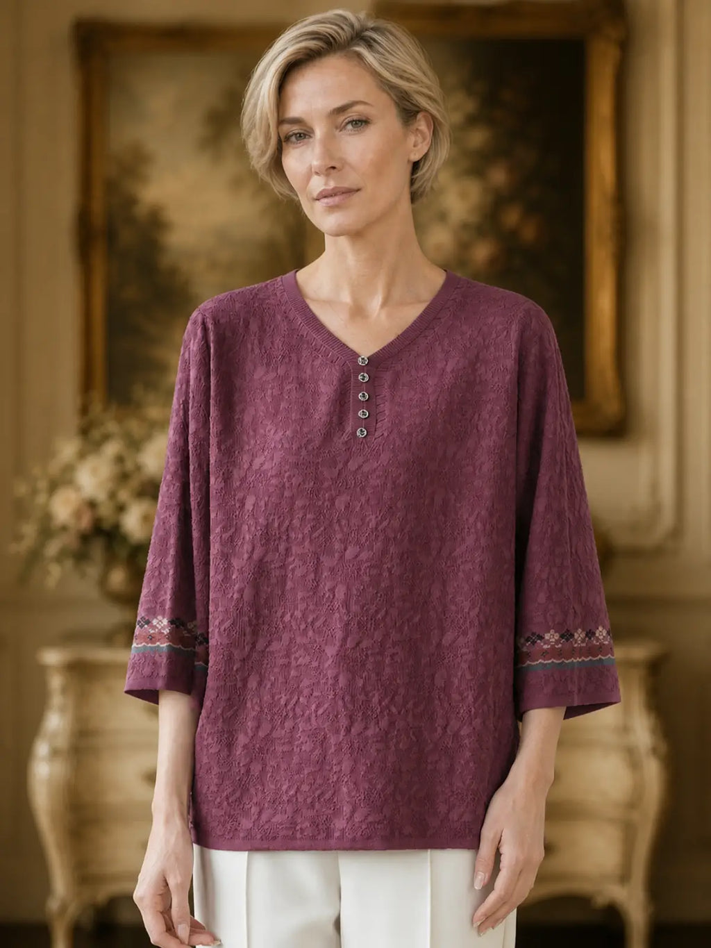 Textured Woven Blouse with Embroidered Cuffs - flat lay view