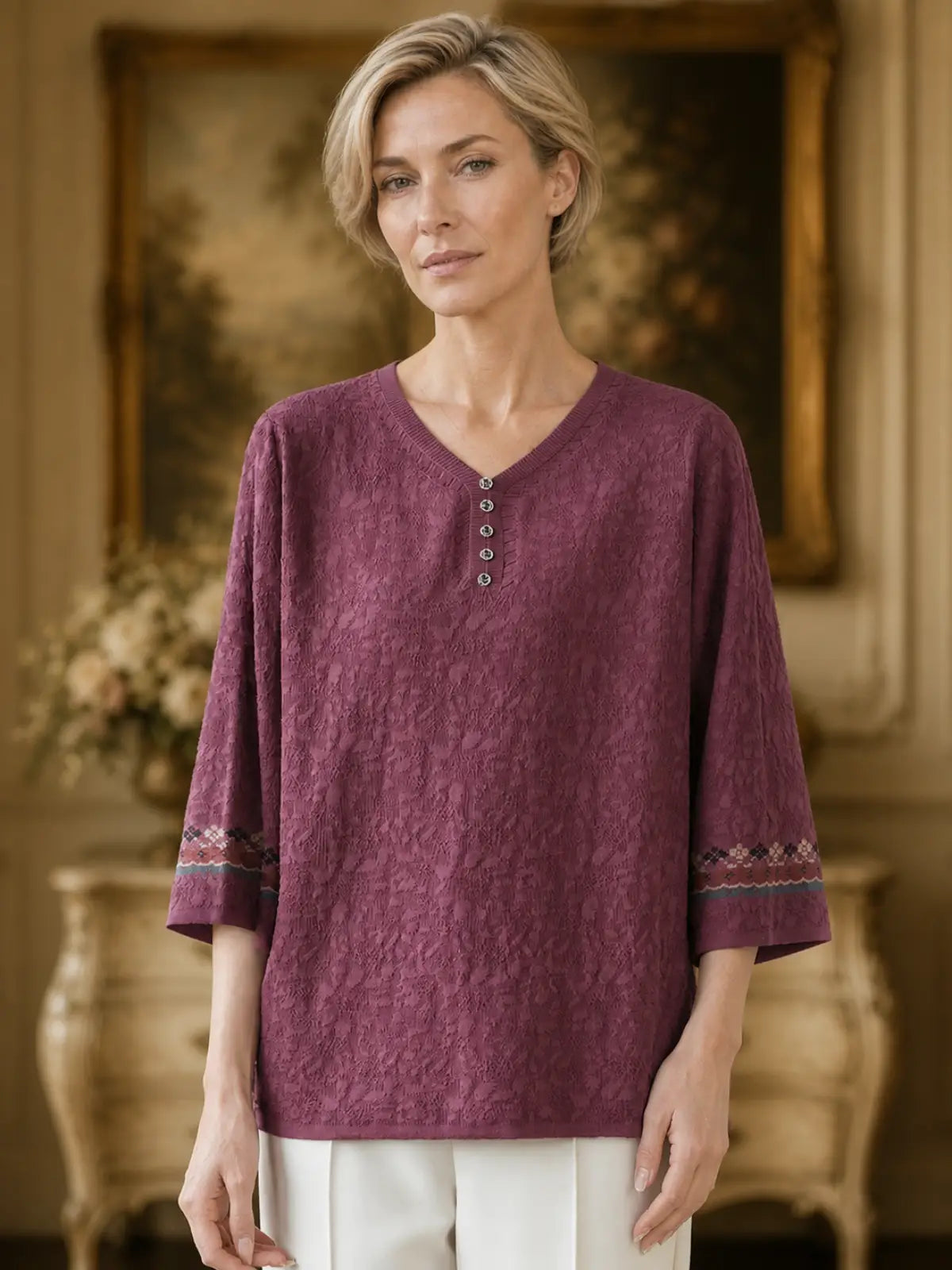 Textured Woven Blouse with Embroidered Cuffs - flat lay view