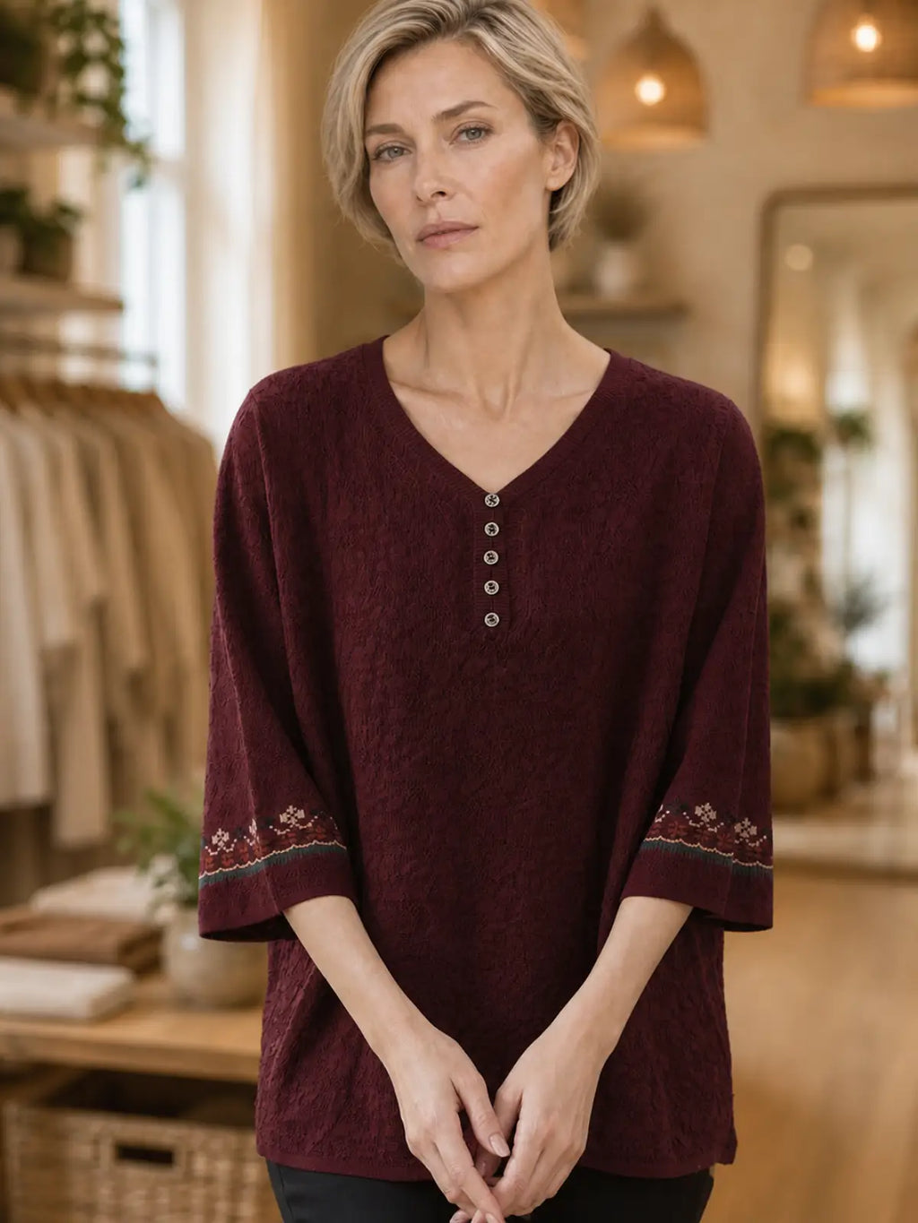 Textured Woven Blouse with Embroidered Cuffs - full body view