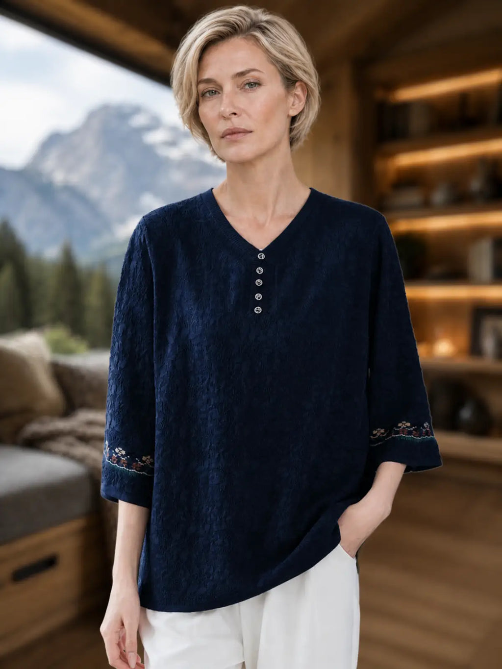 Textured Woven Blouse with Embroidered Cuffs - image 6 view